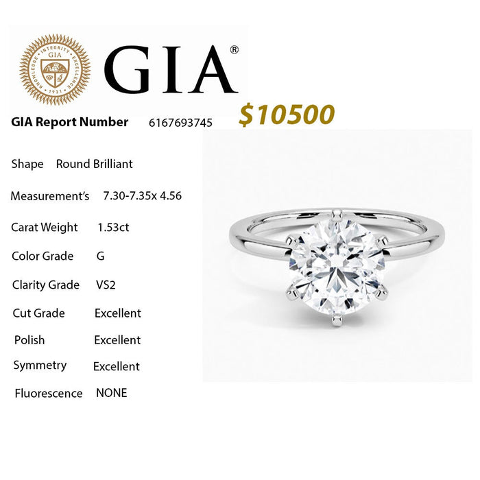 SPECIAL! 1.53CT G VS2 GIA CERTIFIED Round Brilliant Cut Natural Diamond