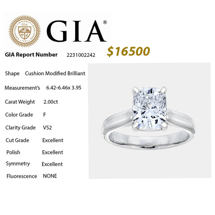 SPECIAL! 2.00CT F VS2 GIA CERTIFIED Cushion Modified Brilliant Radiant Cut Natural Diamond