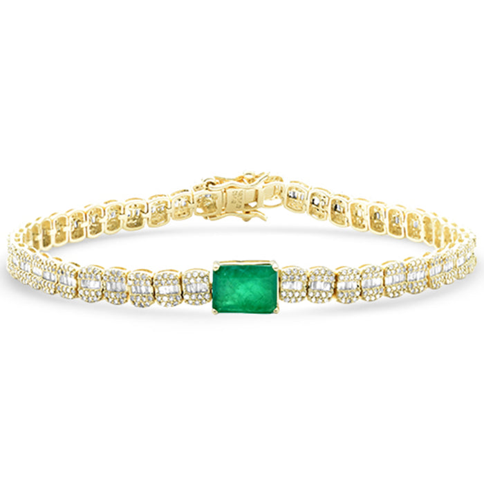 SPECIAL! 3.14ct G SI 14K Yellow Gold Round & Baguette Diamond & Emerald Gemstone Tennis Bracelet 7" Long