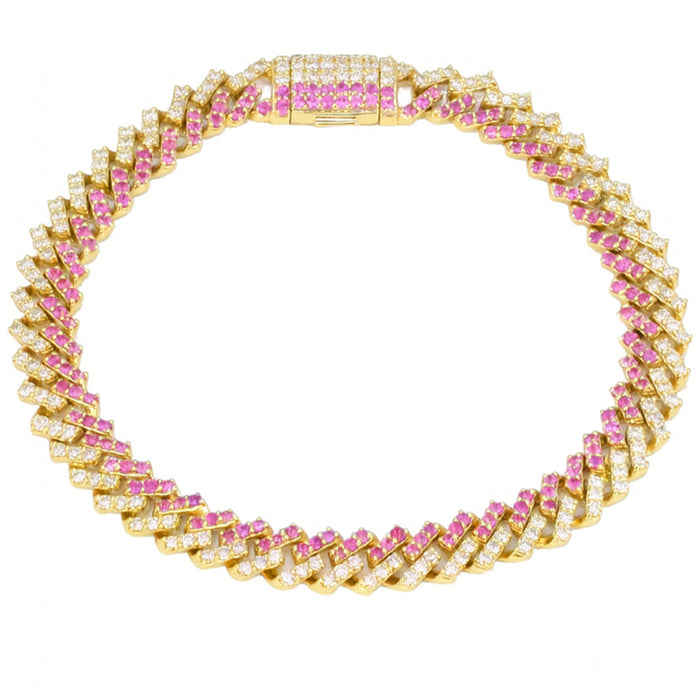 SPECIAL! 3.92ct G SI 14kt Yellow Gold Diamond & Pink Sapphire Square Cuban Gemstone Bracelet 7" Long