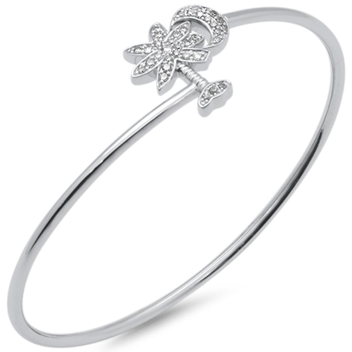 DIAMOND CLOSEOUT! .25ct G SI 14K White Gold Diamond Wrap around Palm Tree & Moon Bangle Bracelet 7" Long