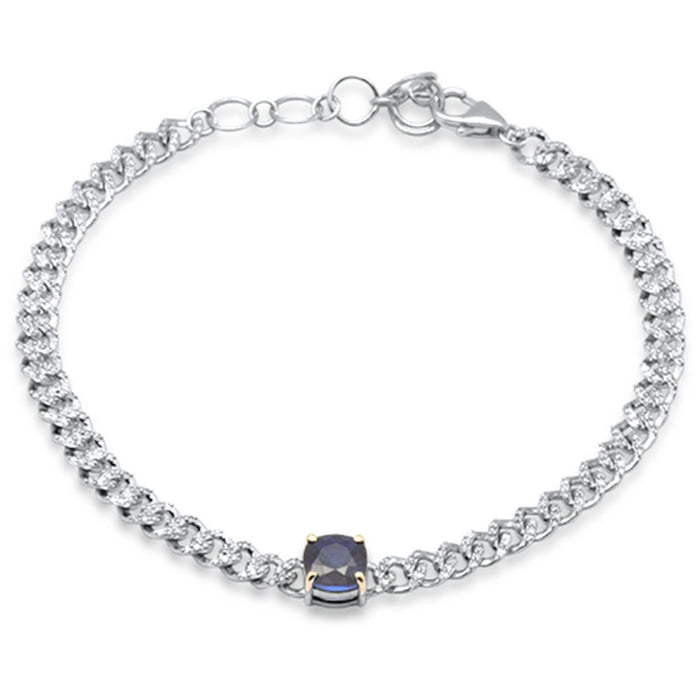 DIAMOND CLOSEOUT! 1.57ct G SI 14K White Gold Cushion Shaped Blue Sapphire Gemstone & Diamond Cuban Bracelet 6+1.5" Long