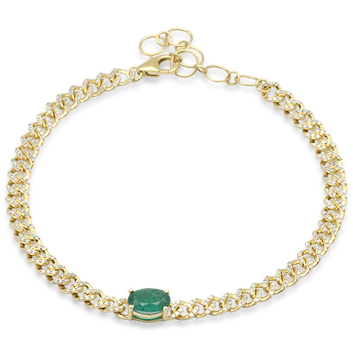 SPECIAL!1.34ct G SI 14K Yellow Gold Oval Emerald Gemstone & Diamond Cuban Bracelet 6+1.5" Long