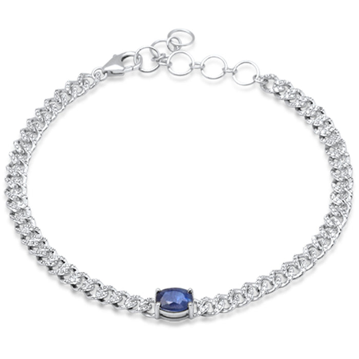 SPECIAL!1.49ct G SI 14K White Gold Oval Blue Sapphire Gemstone & Diamond Cuban Bracelet 6+1.5" Long