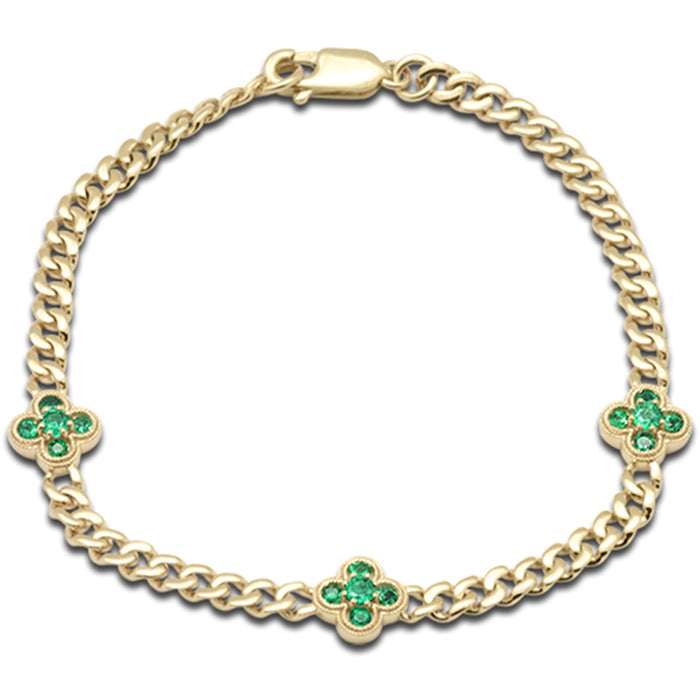 SPECIAL! .52ct G SI 14K Yellow Gold Emerald Gemstone Flower Cuban Bracelet 7" Long