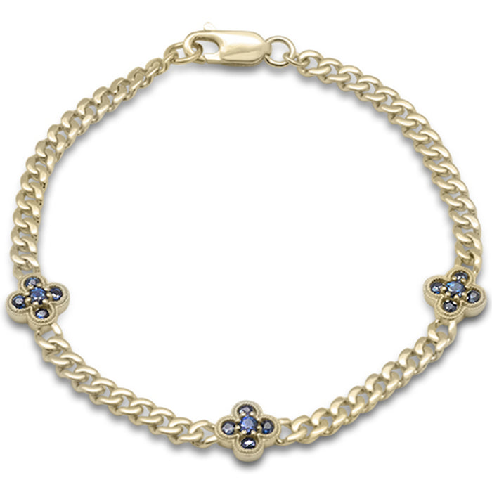 SPECIAL! .70ct G SI 14K Yellow Gold Blue Sapphire Gemstone Flower Cuban Bracelet 7" Long