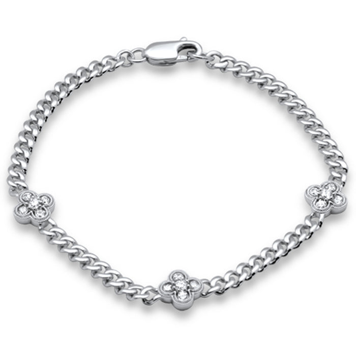 SPECIAL! .59ct G SI 14K White Gold Diamond Cuban Chain Flower Bracelet 7" Long