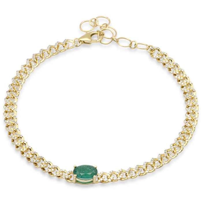 SPECIAL!1.02ct G SI 14K Yellow Gold Oval Emerald Gemstone & Diamond Cuban Bracelet 6+1.5" Long