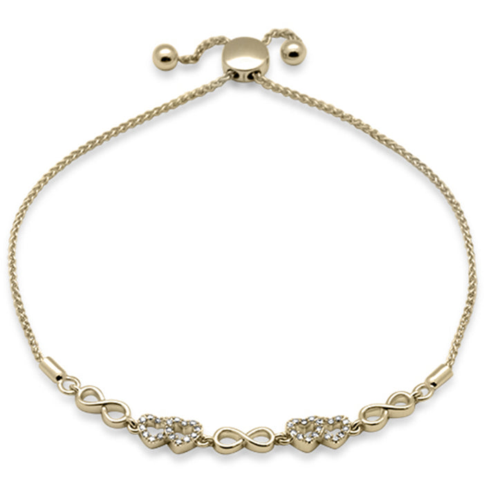 SPECIAL!.09ct G SI 14K Yellow Gold Diamond Infinty & Heart Adjustable Bola Bracelet 7.25" Long Adjustable