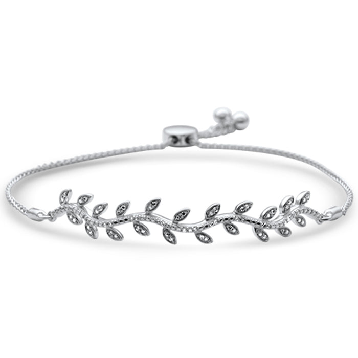 SPECIAL!.10ct G SI 14K White Gold Diamond Leaf Adjustable Bola Bracelet 7.25" Long Adjustable