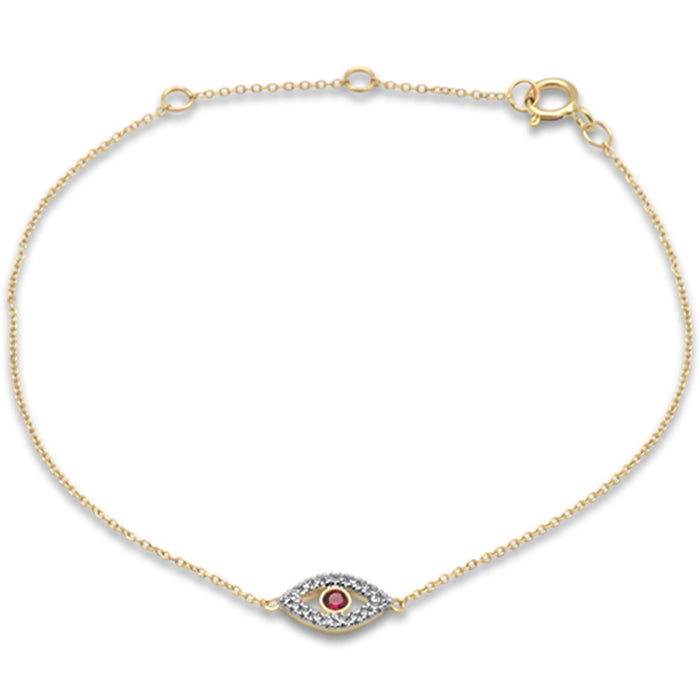 .11ct G SI 14K Yellow Gold Diamond & Ruby Gemstones Evil Eye Bracelet 7" Long Adjustable
