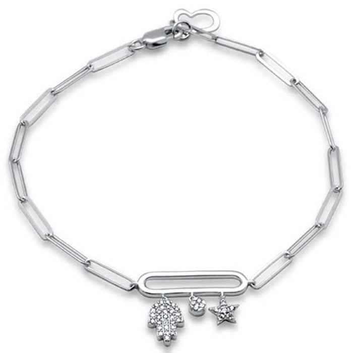 SPECIAL! .22ct G SI 14K White Gold Diamond Hamsa Paperclip Bracelet 7.25" Long