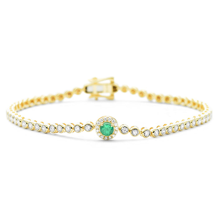 SPECIAL! .56ct G SI 14K Yellow Gold Round Diamond & Emerald Gemstone Bracelet 7"
