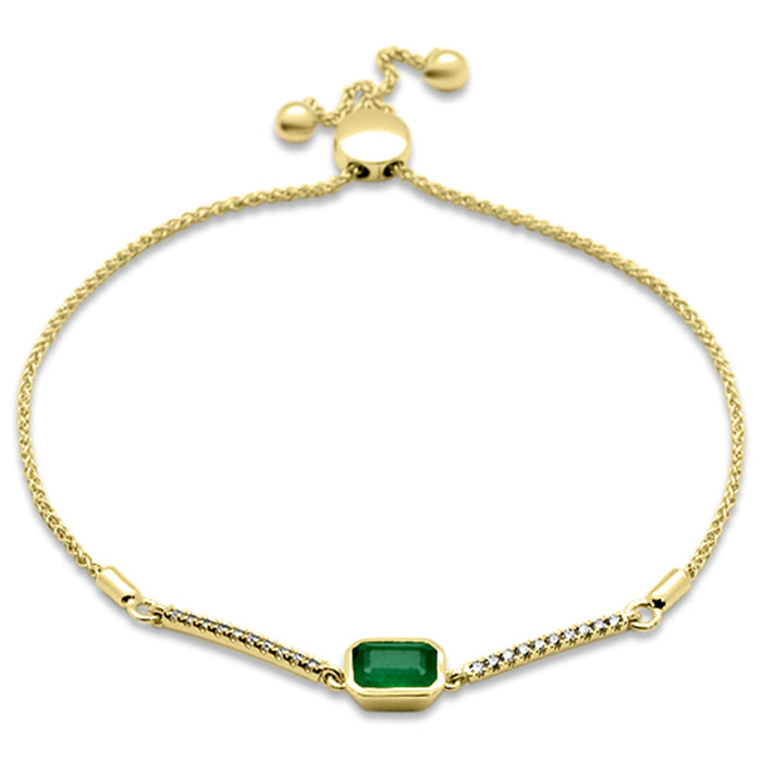 SPECIAL! .98ct G SI 14K Yellow Gold Diamond & Emerald Gemstone Bola Bracelet 6-9" Adjustable