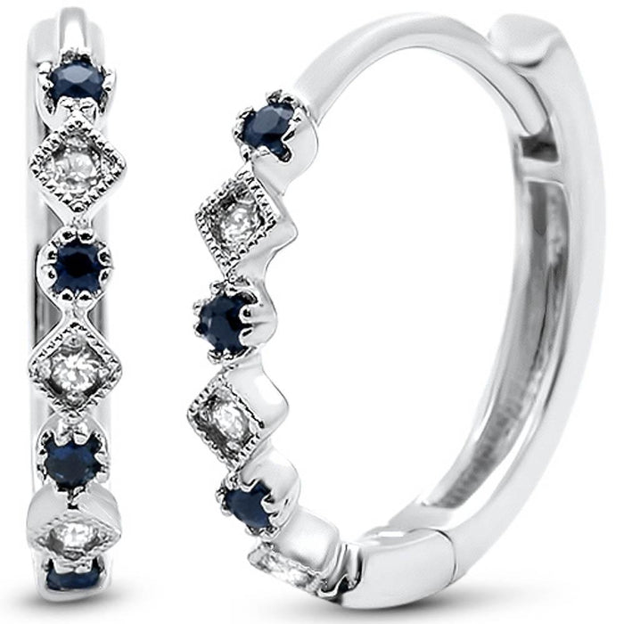DIAMOND CLOSEOUT! GEMSTONE CLOSEOUT! .16ct G SI 14k White Gold Diamond & Blue Sapphire Hoop Huggie Antique Earrings
