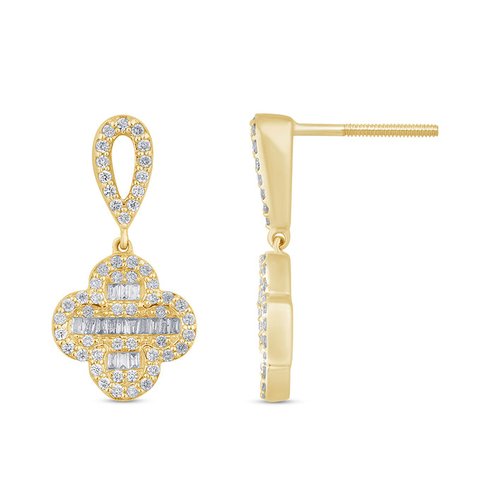 DIAMOND CLOSEOUT! .69ct G SI 14K Yellow Gold Diamond Round & Baguette Clover Drop Earrings