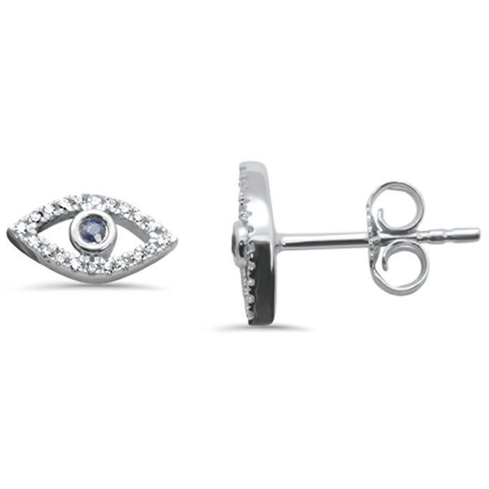 .11ct G SI 14K White Gold Blue Sapphire Gemstone & Diamond Evil Eye Push Back Earrings