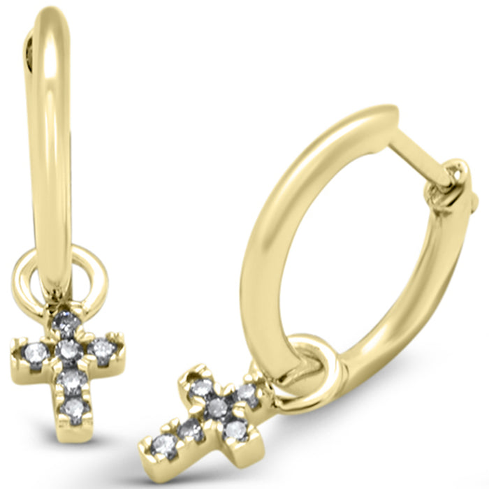 DIAMOND CLOSEOUT! .12ct G SI 14K Yellow Gold Diamond Dangling Cross Hoop Earrings