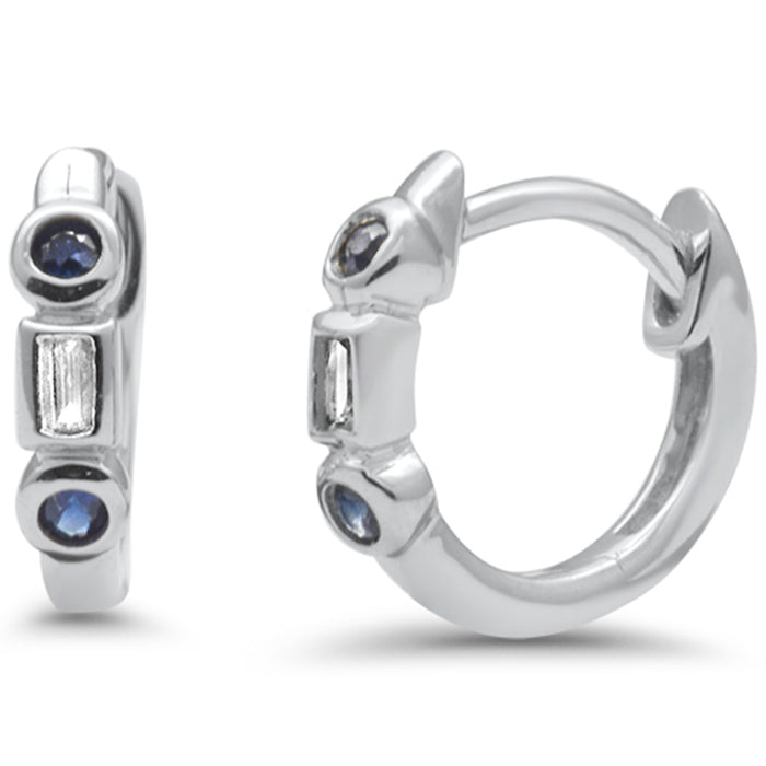 .10ct G SI 14K White Gold Diamond & Blue Sapphire Gemstone Petite Hoop Earrings Post & Click
