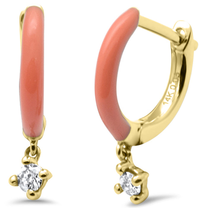 .08ct G SI 14K Yellow Gold Diamond Orange Enamel Hoop Earrings