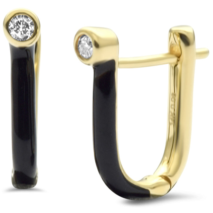DIAMOND CLOSEOUT! .08ct G SI 14K Yellow Gold Diamond & Black Enamel Hoop Earrings