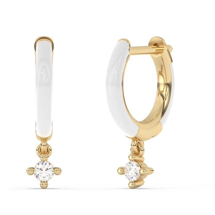 .07ct G SI 14K Yellow Gold Diamond & White Enamel Hoop Earrings