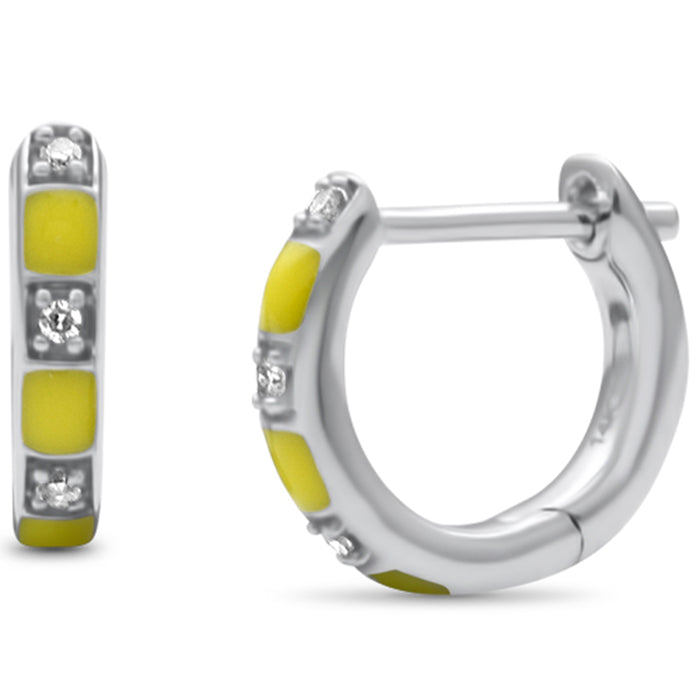 DIAMOND CLOSEOUT! .04ct G SI 14K White Gold Diamond & Yellow Enamel Hoop Earrings