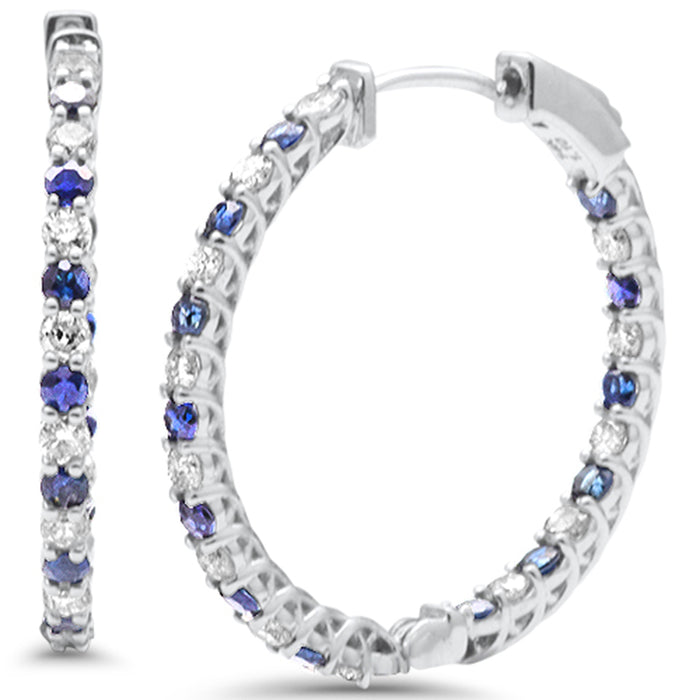 DIAMOND CLOSEOUT! 2.18ct G SI 14K White Gold Diamond & Blue Sapphire Hoop Earrings Post&Click