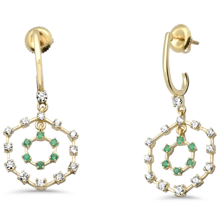 SPECIAL!.89ct G SI 14K Yellow Gold Diamond & Emerald Gemstones Round Dangle Earrings