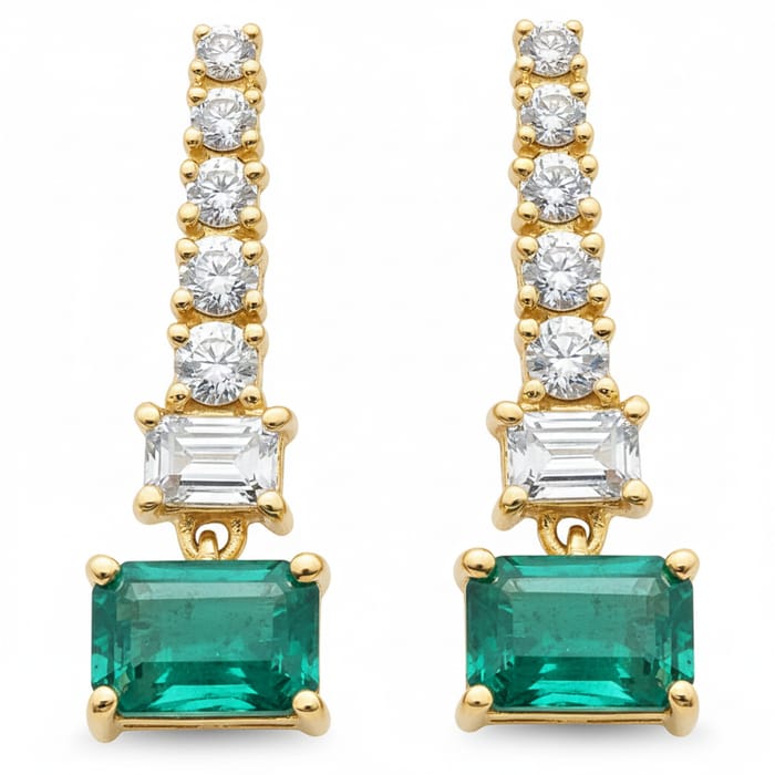 SPECIAL! 1.75ct G SI 14K Yellow Gold Diamond & Emerald Gemstones Dangling Earrings