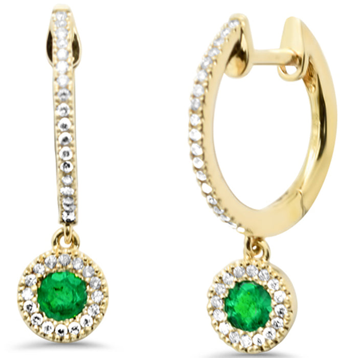 SPECIAL! .38ct G SI 14K Yellow Gold Diamond & Emerald Gemstones Dangling Hoop Earrings