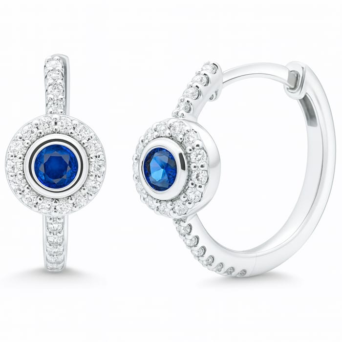SPECIAL!.52ct G SI 14K White Gold Diamond & Blue Sapphire Gemstone Halo Hoop Earrings