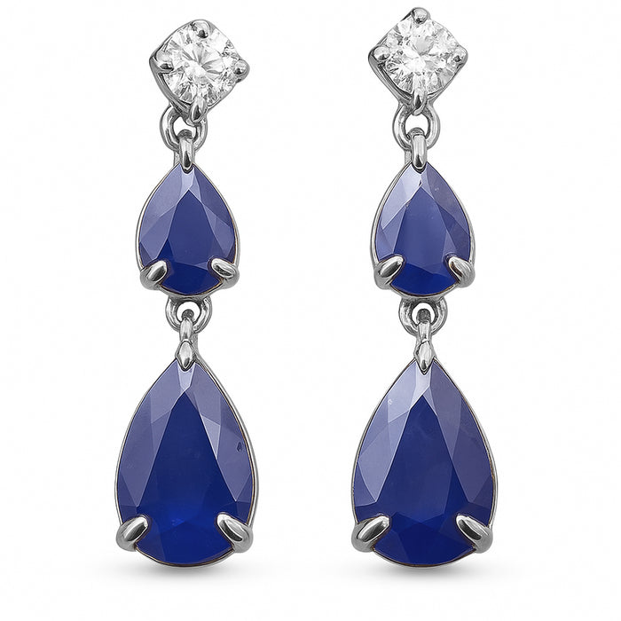 SPECIAL! 1.39ct G SI 14K White Gold Diamond & Pear Shape Blue Sapphire Gemstone Tear Drop Earrings