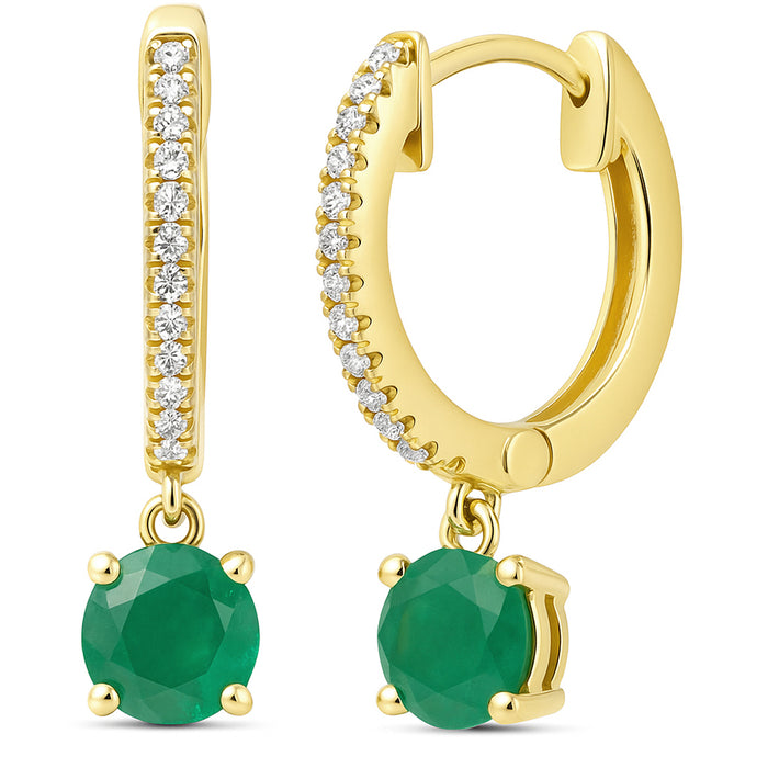 SPECIAL! .87ct G SI 14K Yellow Gold Diamond & Emerald Gemstone Hoop Huggie Dangle Earrings