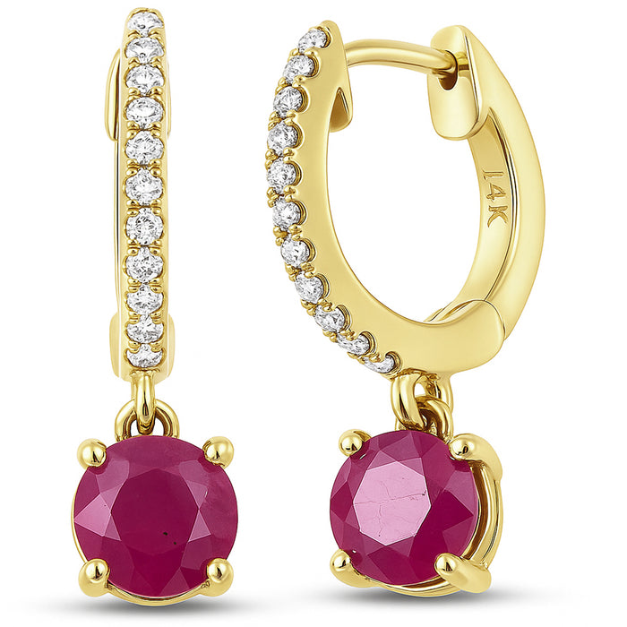 SPECIAL! 1.53ct G SI 14K Yellow Gold Diamond & Ruby Gemstone Hoop Huggie Dangle Earrings
