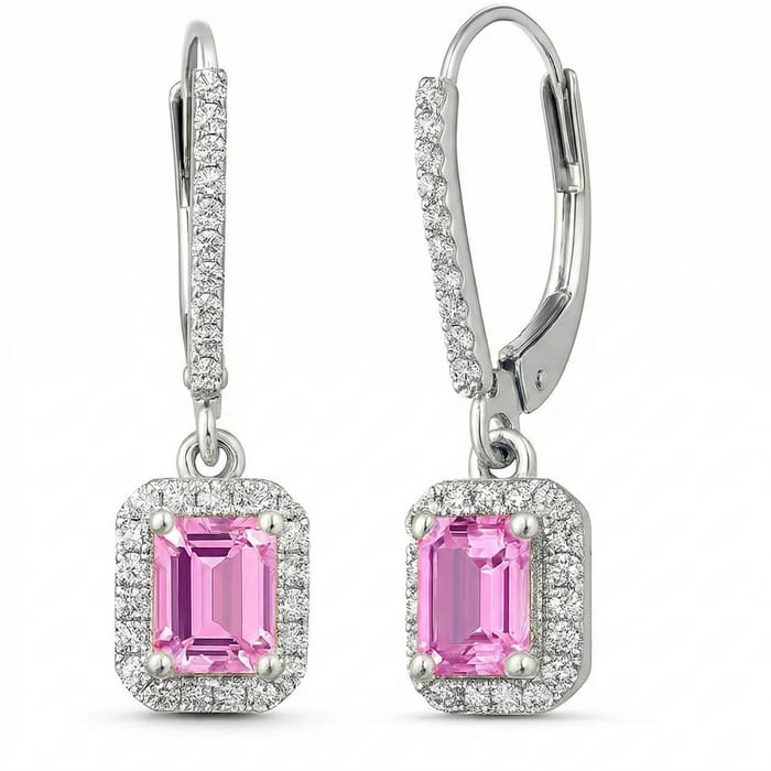 SPECIAL! 1.19ct G SI 14K White Gold Diamond & Pink Sapphire Gemstone Lever Back Earrings