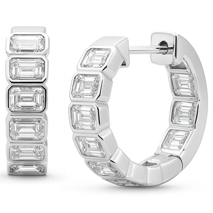 SPECIAL! 3.52ct G SI 14K White Gold Bezel Set Emerald Cut Diamond Hoop Huggie Earrings
