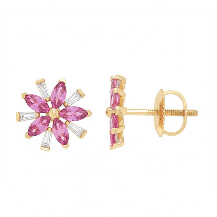 SPECIAL! 1.09ct G SI 14kt Yellow Gold Diamond & Pink Sapphire Snowflake Flower Gemstone Earrings