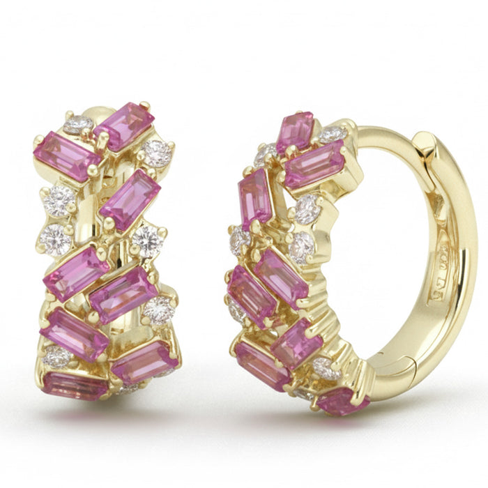 SPECIAL! 1.38ct G SI 14kt Yellow Gold Diamond & Pink Sapphire Gemstone Hoop Earrings