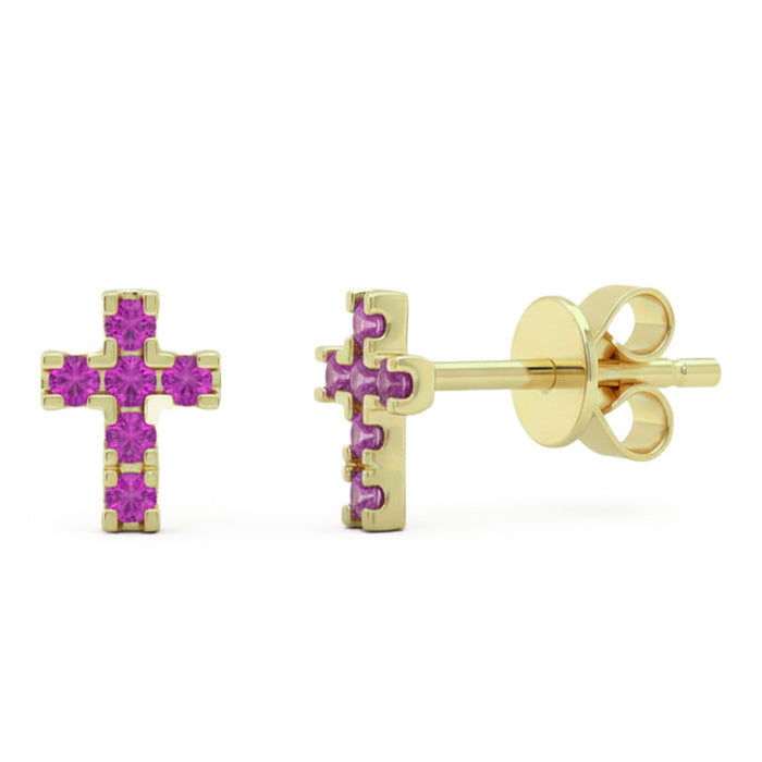 .18ct G SI 14kt Yellow Gold Pink Sapphire Gemstone Cross Stud Earrings
