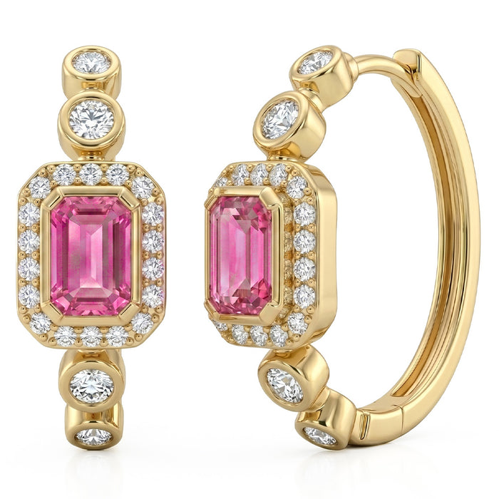 SPECIAL! .65ct G SI 14kt Yellow Gold Diamond & Pink Sapphire Gemstone Hoop Earrings