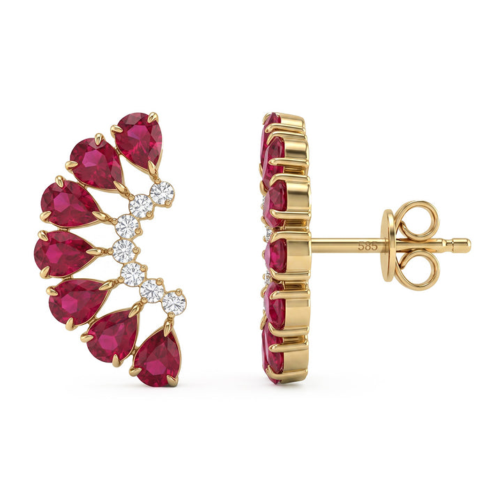 SPECIAL! 2.75ct G SI 14kt Yellow Gold Diamond & Ruby Gemstone Flower Ear Crawler Earrings