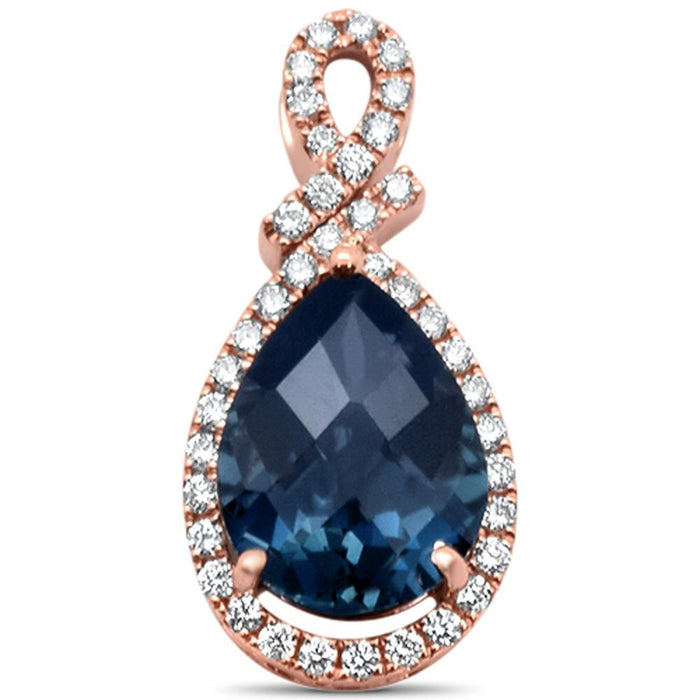 GEMSTONE CLOSEOUT! 4.60cts 14k Rose Gold Pear Shape Blue Topaz & Diamond Designer Pendant