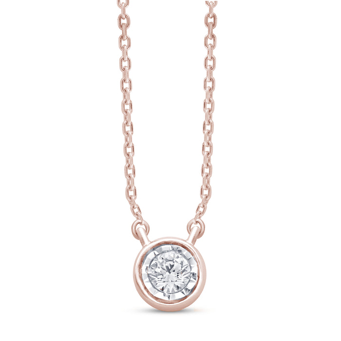 DIAMOND CLOSEOUT! .06ct 14kt Rose Gold Bezel Solitaire Round Diamond Pendant 18" Necklace