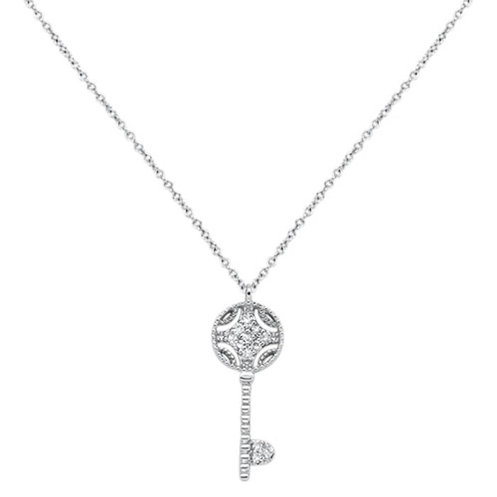 DIAMOND CLOSEOUT! .08cts 14kt White Gold Round Diamond Key Pendant Necklace 18" Long