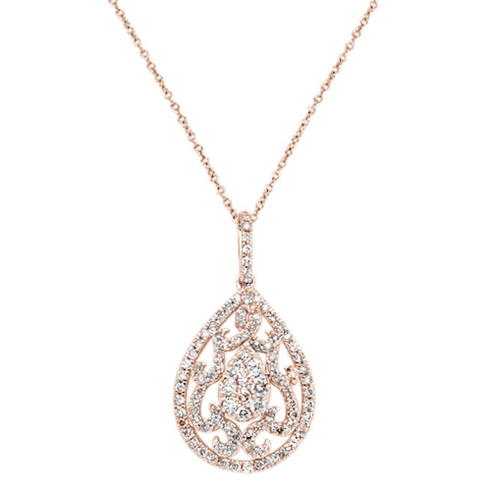 DIAMOND CLOSEOUT! 1.01ct 14k Rose Gold Pear Tear Drop Diamond Filigree Pendant Necklace 18"