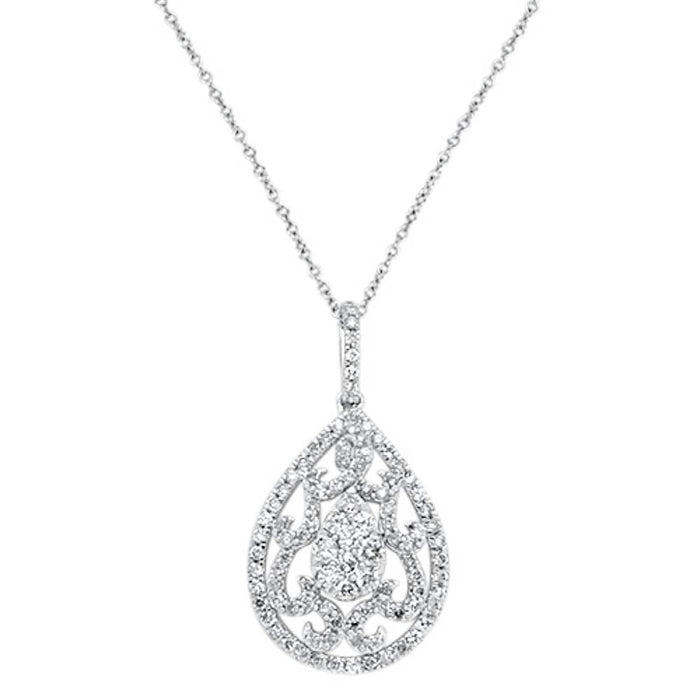 DIAMOND CLOSEOUT! .98cts 14kt White Gold Round Diamond Antique Filigree Pendant Necklace 18"