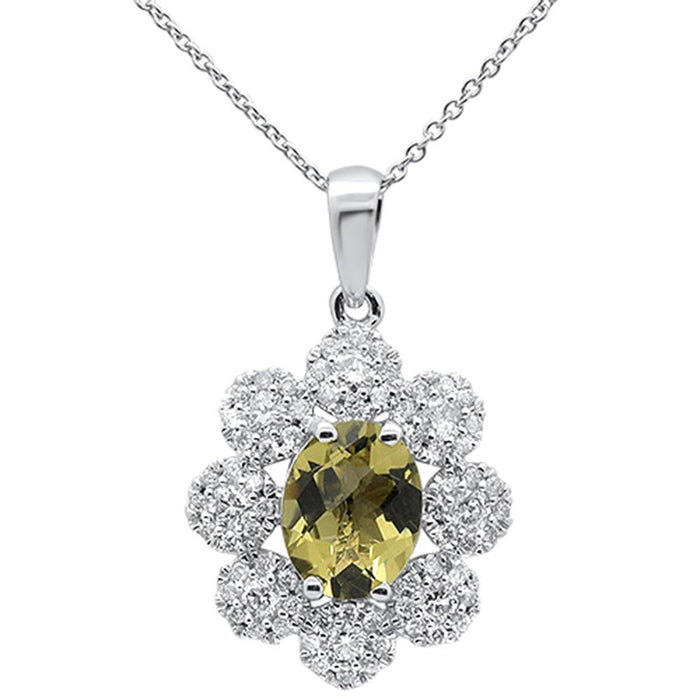 GEMSTONE CLOSEOUT! 2.34cts 10k White Gold Olive Quartz & Diamond Pendant Necklace 18" Long