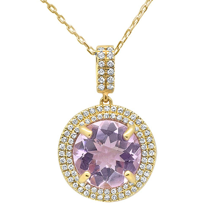 GEMSTONE CLOSEOUT! 3.25ct 10k Yellow Gold Round Pink Amethyst & Diamond Pendant Necklace 18"