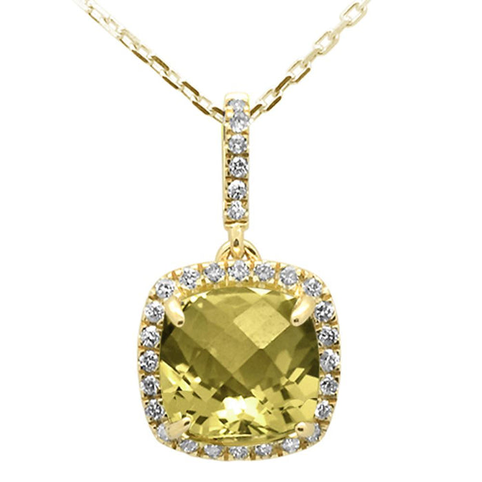 GEMSTONE CLOSEOUT ! 1.97ct 10k Yellow Gold Cushion Olive & Diamond Pendant Necklace 18"